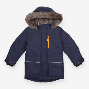 Parka navy blue fur hood grey fur lining