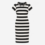 Midi Dress Black Cream Stripe Embellished Collar S