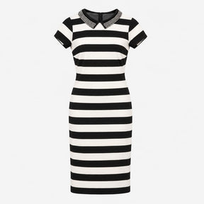 Midi Dress Black Cream Stripe Embellished Collar S