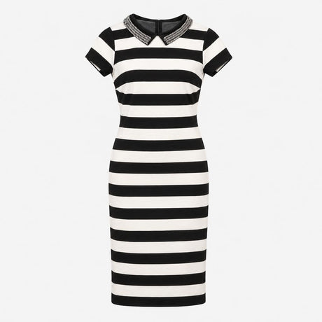 Midi Dress Black Cream Stripe Embellished Collar S