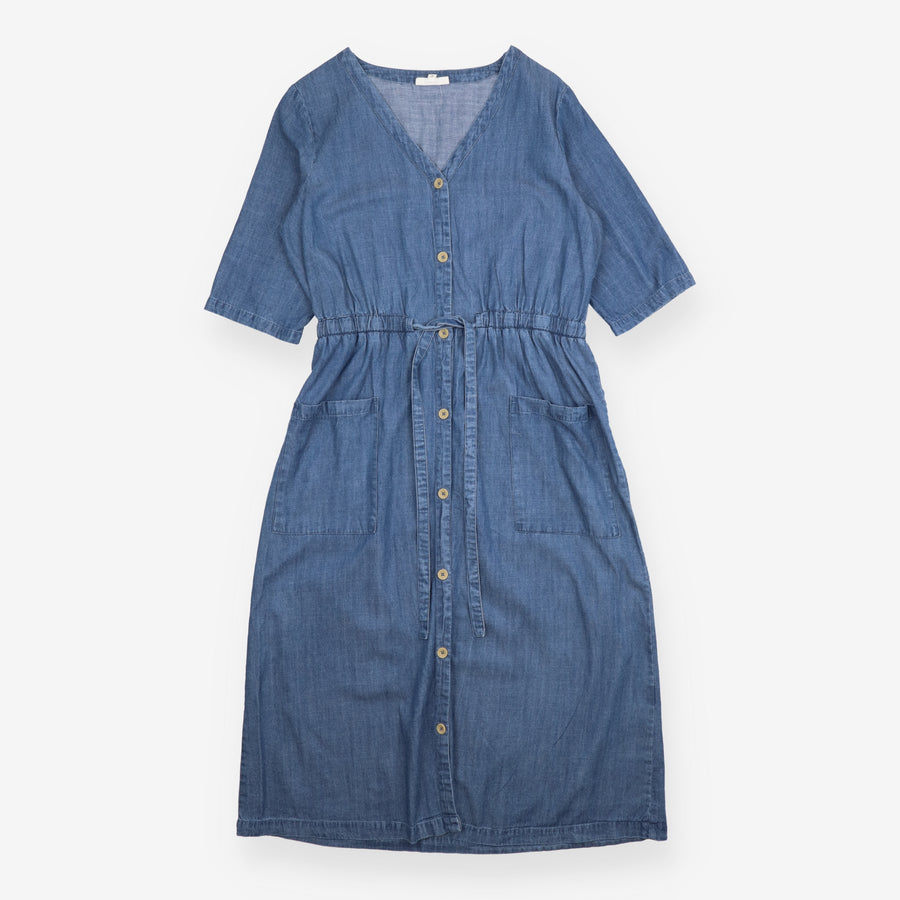 Midi Dress Blue Chambray Button Front Tie Waist
