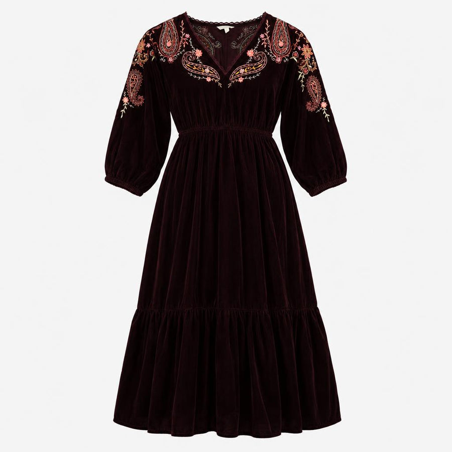 Dress Dark Purple Embroidery Velvet Look Long Slee