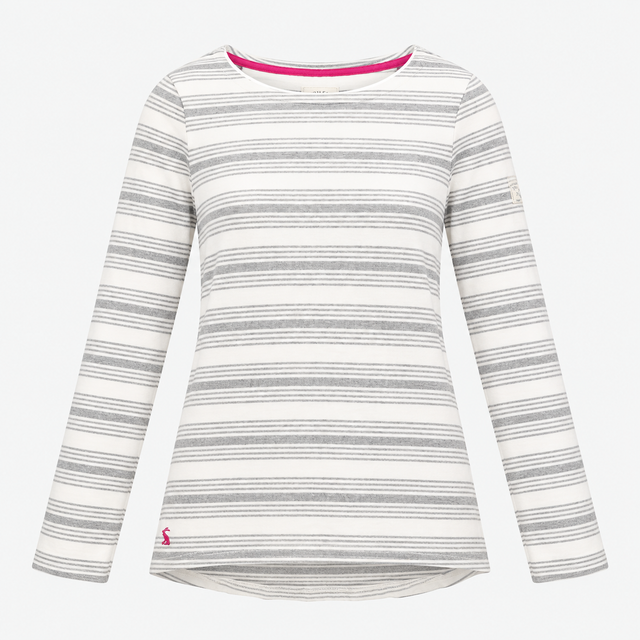 Grey White Stripe Long Sleeve Breton Boat Neck Top
