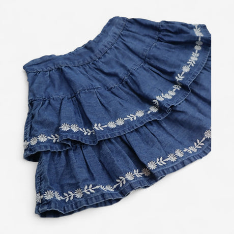 Skirt Denim Tiered with White Flowers