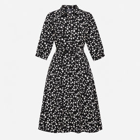 Dress Black White Star Print Collared Long Sleeve 