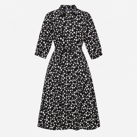 Dress Black White Star Print Collared Long Sleeve 