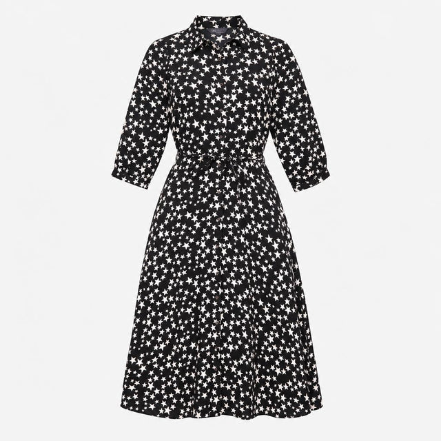 Dress Black White Star Print Collared Long Sleeve 