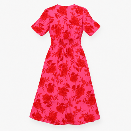 Dress Pink Red Floral V Neck Midi Tea
