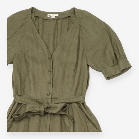 Jumpsuit in Linen V-Neck Belted Button Down Olive 