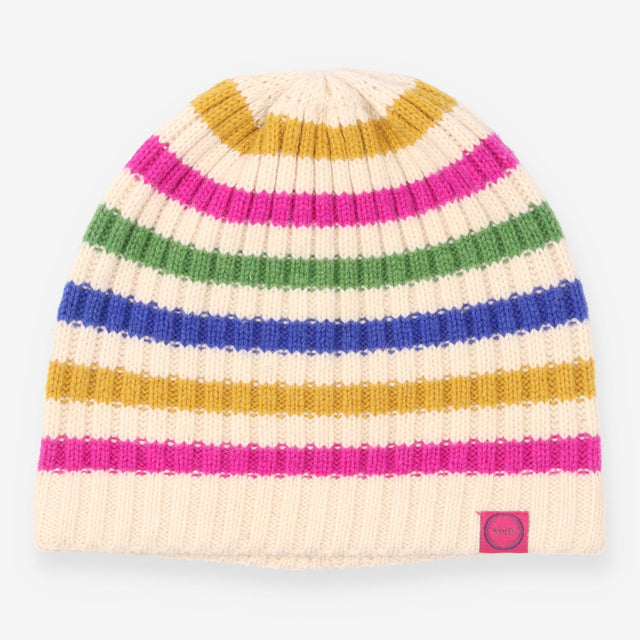 Knit Hat Cream Multicolour Striped Ribbed Beanie