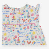 Summer Dress White with Ruffled Shoulders and Mult