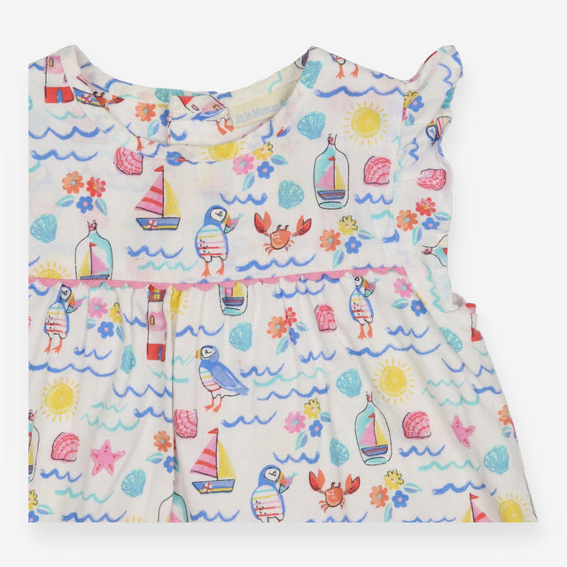 Summer Dress White with Ruffled Shoulders and Mult