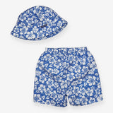 Blue hibiscus swim shorts and hat