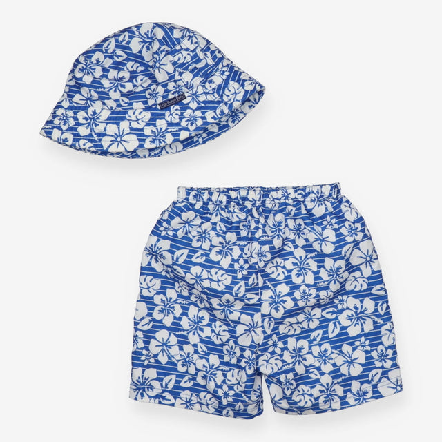 Blue hibiscus swim shorts and hat
