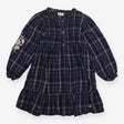 Dress long sleeve check navy embroidered flowers