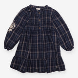 Dress long sleeve check navy embroidered flowers