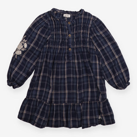 Dress long sleeve check navy embroidered flowers