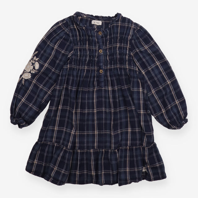 Dress long sleeve check navy embroidered flowers