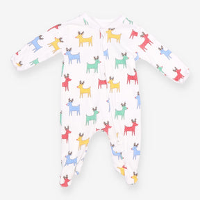 Sleepsuit White Zipped - Bright Spotty Reindeers