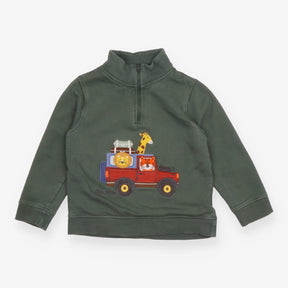 Sweater 1/4 zip khaki with safari animals in jeep