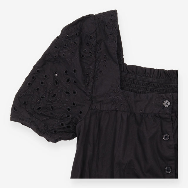 Midi Tiered Dress Broderie Square Neck Black