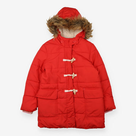 Coat puffer red fur round hood fleece lined toggle