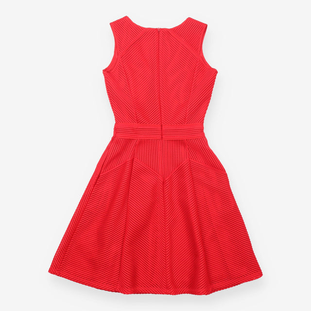 Fit and Flare Dress Red Textured Sleeveless V Neck
