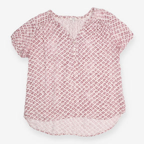 Blouse Ivory Burgundy Geometric Print Short Sleeve