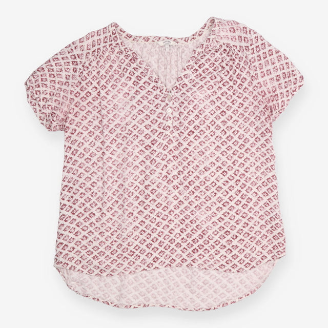 Blouse Ivory Burgundy Geometric Print Short Sleeve