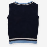 Sweater vest navy cable light blue edging