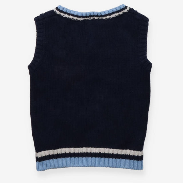 Sweater vest navy cable light blue edging