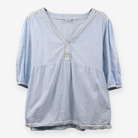 Tunic Blue Stripe Seersucker Embroidered Sleeves M