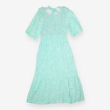 Midi Dress Smocked Puff Sleeve Mint Green Printed