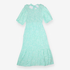 Midi Dress Smocked Puff Sleeve Mint Green Printed