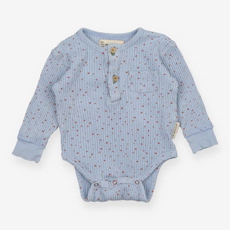 Bodysuit LS blue rib red stars wood buttons