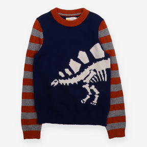 Knit sweater striped sleeves dino skeleton