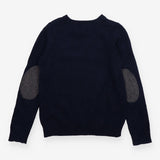 Navy knit sweater with dog in scarf