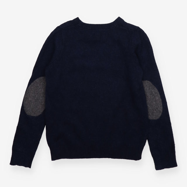 Navy knit sweater with dog in scarf