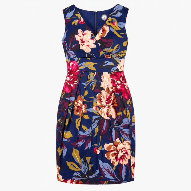 Midi Dress Navy Multicolour Floral Pleated V Neck