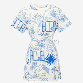 Dress Cream Blue Mediterranean Print Tie Waist T-S