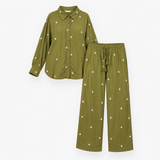 Trouser Set Co Ord Embroidered Shirt Wide Leg