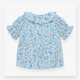 Light Blue Floral Ruffle Collar Short Sleeve Blous