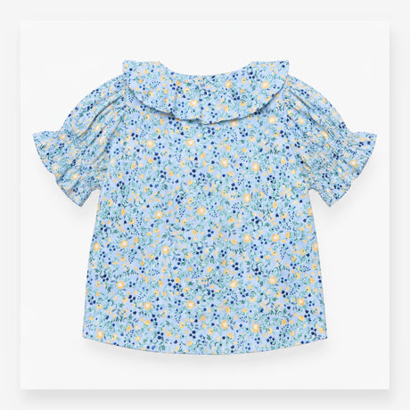 Light Blue Floral Ruffle Collar Short Sleeve Blous