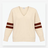 Oversized Jumper in Cream with V-Neck and Striped 