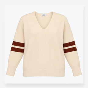 Oversized Jumper in Cream with V-Neck and Striped 