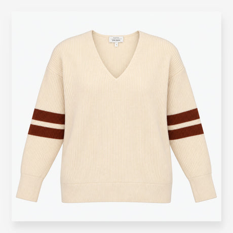 Oversized Jumper in Cream with V-Neck and Striped 