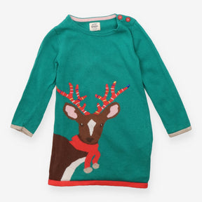 Dress Long Sleeve Knit Green Reindeer Applique
