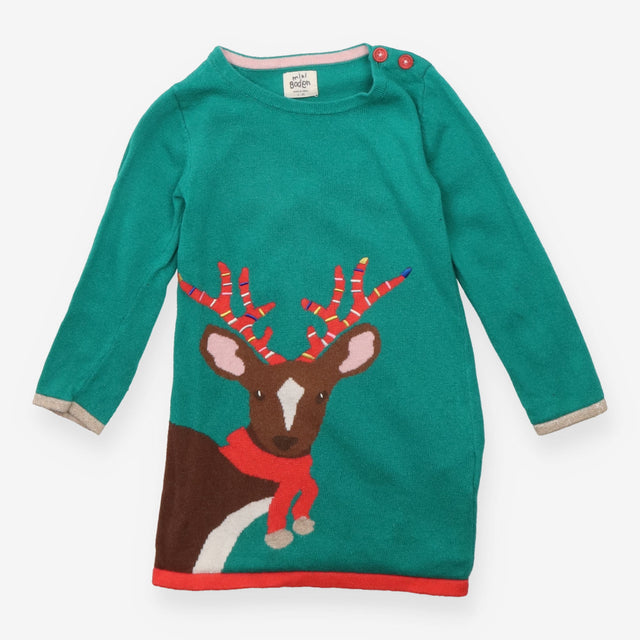 Dress Long Sleeve Knit Green Reindeer Applique