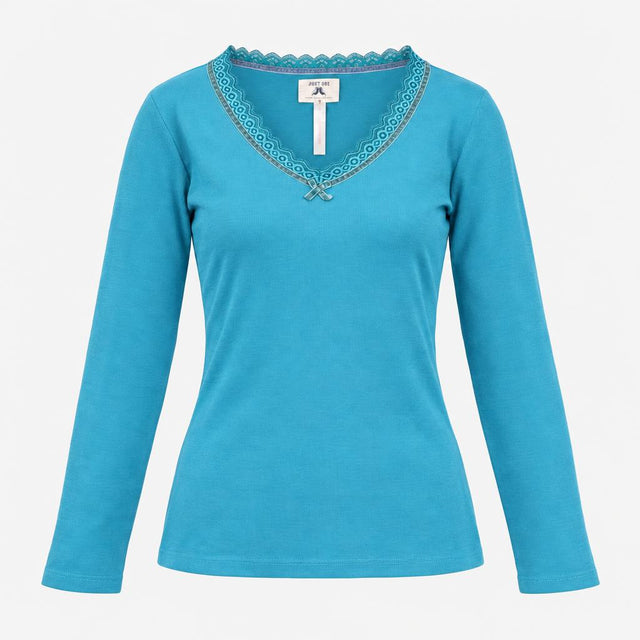 Pyjamas Teal Floral Lace Trim Long Sleeve Top Trou