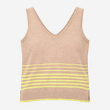 Knit Vest Tank Top Beige Yellow Stripe V-Neck Cott